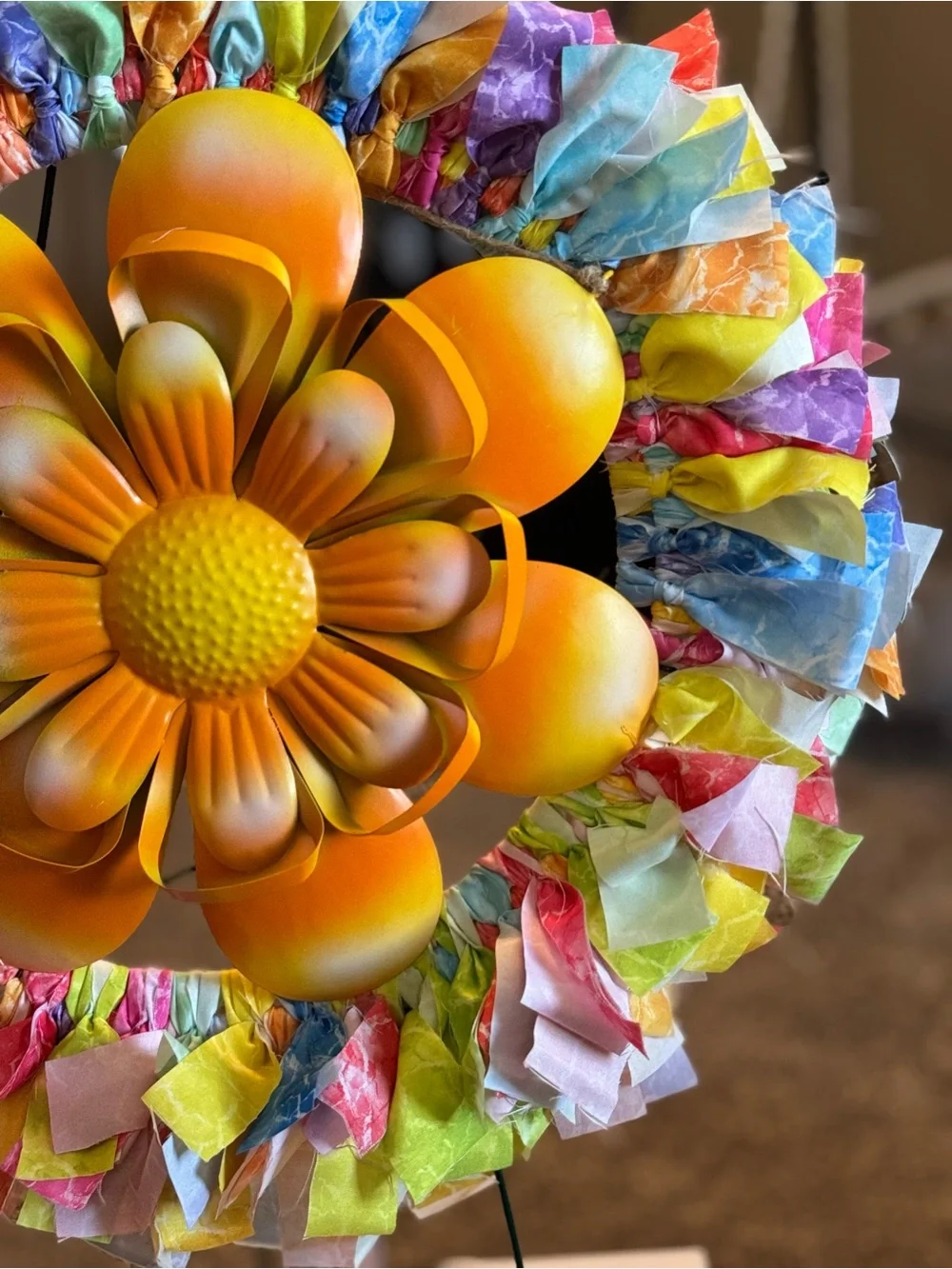 Colorful cloth Wreath with Orange Metal Flower Center - Home Party Decor